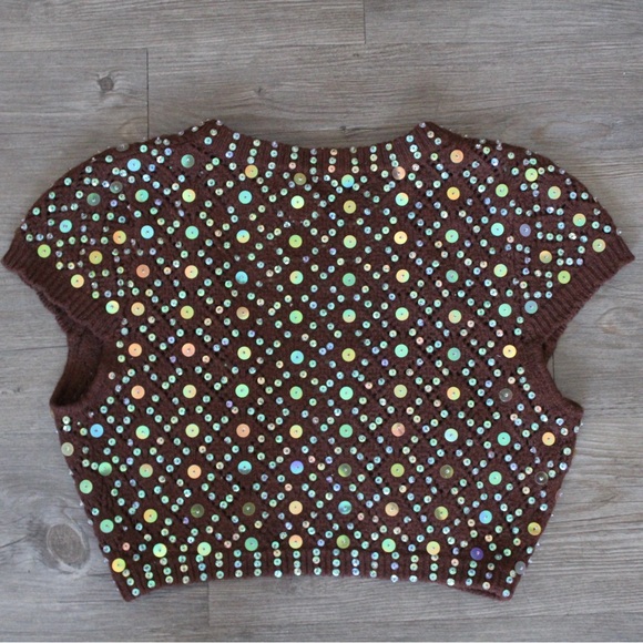 Vintage Y2K Necessary Objects Brown Sequin Knit Cropped Bolero Sweater - Picture 2 of 5